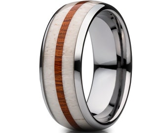 Deer Antler Wedding Ring,Koa Wood Wedding Band,Tungsten Carbide Ring,Engagement Ring,Dome Wedding Band,Man & Woman,Unique Wedding Band