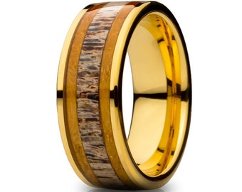 Deer Antler Yellow Gold Wedding Ring, Tungsten Carbide Band with Koa Wood Inlay, Gold IP Plated Comfort Fit 6mm 8mm Personalized Ring, Flat