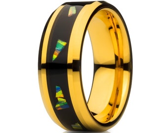 Unique Abalone Wedding Ring for Men & Women, Comfort Fit Tungsten Engagement Ring, Yellow Gold IP Ring, Personalized Anniversary Band,Unique