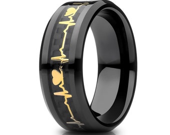 Heartbeat Tungsten Ring,Engagement Ring,Tungsten Carbide Ring,Unique Wedding Band,Black Wedding Ring,8mm Tungsten Ring,Man & Woman,Beveled
