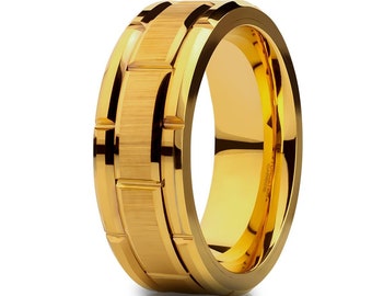 Tungsten Carbide Wedding Ring, Unique 18k Yellow Gold Beveled Comfort Fit Ring,Personalized Groom Ring, Flat Brush Finish Grooved Edges Ring