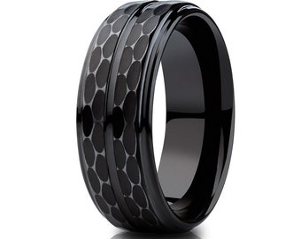Hammered Black Tungsten Wedding Band,8mm Ring,Center Groove,Anniversary Ring,Engagement Band,Comfort Fit,Unique Black Band,Brush Men's Ring