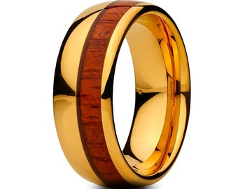Koa Wood Wedding Ring for Men, Yellow Gold Tungsten Carbide Band, Offset Wood Inlay Dome Ring, 8mm Comfort Fit Personalized Wedding Band