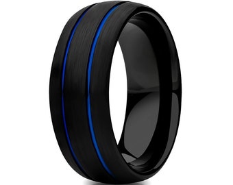 Men's Tungsten Wedding Band,Women Wedding Band,Black Tungsten Ring,Blue Groove Ring,Engagement Band,Comfort Fit,Unique Tungsten Band,Black