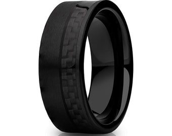 Carbon Fiber Tungsten Wedding Band,8mm Wedding Band,Black Tungsten Band,Comfort Fit,Men's Black Ring,Flat Shape Design,Anniversary Band