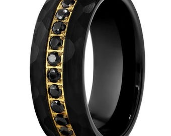 Gold & Black Wedding Band,Black CZ Diamond Ring,Anniversary Band,Hammered Tungsten Ring,Comfort Fit,Men's Ring,Women's Band,Unique