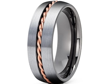 May include: A brushed silver wedding band with a rose gold rope design inlay.