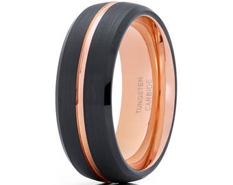 Black Tungsten Wedding Ring, Black Tungsten Ring, Men & Women, Rose Gold Tungsten Ring, 18k Rose Gold 8mm, Engagement Ring, Anniversary