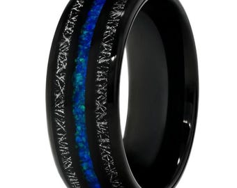 Meteorite Tungsten Wedding Band,Blue Opal Center,8mm Wedding Band,Anniversary Ring,Comfort Fit,Men's Tungsten Band,Women's Wedding Band