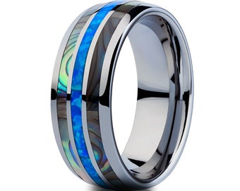 Abalone Wedding Ring,Tungsten Wedding Ring,Engagement Ring,8mm Wedding Ring,Turquoise Wedding Ring,Unique Tungsten Ring,Silver Tungsten Ring