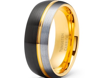 Black Yellow Gold Tungsten Ring,8mm Ring,Anniversary & Engagement,Dome Classic Shape,Men's Tungsten Ring,Women's Wedding Band,Comfort Fit