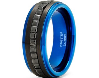 Blue Tungsten Wedding Ring,Black CZ Tungsten Ring,Men's Blue Tungsten Wedding Ring,Anniversary Ring,Blue Wedding Band,Tungsten Carbide Ring