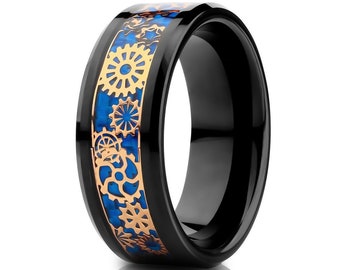 Gear Design Tungsten Wedding Ring,8mm Black Wedding Ring,Anniversary Ring,Engagement Band,Comfort Fit,Beveled Edges Ring,Unique Wedding Ring