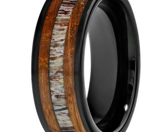 Shiny Black Band,Whiskey Barrel & Deer Antler Tungsten Ring,Men's Wedding Band,Women's Wedding Band,Unique Wedding Band,Flat Ring,Unique