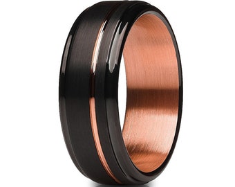 Men's Rose Gold Tungsten Ring,Black Offset Groove Wedding Band,Rose Gold Plated Anniversary Ring, Personalized Comfort Fit Matte Finish Ring