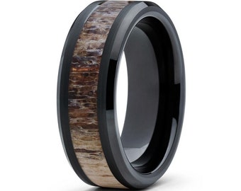 Men's Deer Antler Wedding Band,Women's Wedding Band,8mm & 6mm,Beveled Edges,Comfort Fit,Anniversary,Engagement Band,Unique Wedding Band