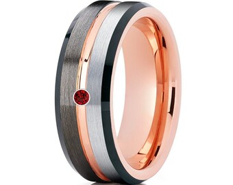 Gunmetal Tungsten Wedding Ring,Rose Gold Band,Engagement & Anniversary,Ruby Tungsten Ring,Comfort Fit Band,Men's Ring,Women's Ring,Brush