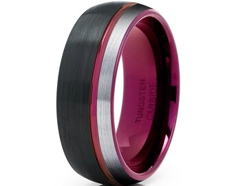 Aliança de casamento em tungstênio roxo, 8 mm e 6 mm, anel de tungstênio preto, aliança masculina, aliança feminina, anel com ajuste confortável, aliança de noivado, exclusiva