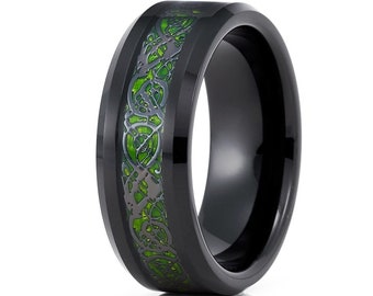 Black Tungsten Wedding Ring,Dragon Tungsten Ring,Anniversary Ring,Green Dragon Tungsten Ring,8mm Wedding Ring,Unique Tungsten Ring,Beveled