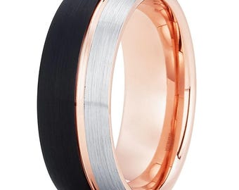 Rose Gold Tungsten Ring,Men's Wedding Band,Women's Ring,Engagement & Anniversary,Offset Groove,Comfort Fit,Black Ring,Dome Shape,8mm,6mm