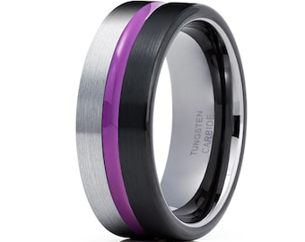 Aliança feminina roxa, 8 mm e 6 mm, aliança moderna preta, anel masculino de tungstênio, anel de aniversário, aliança de noivado, anel com ajuste confortável, anel plano