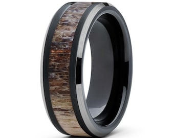Anillo de bodas de asta de ciervo, anillo de tungsteno negro, anillo de bodas de tungsteno con asta de ciervo, para hombre y mujer, anillo de aniversario, anillo de compromiso