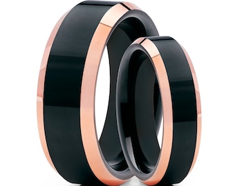 Black Tungsten Wedding Bands,Matching Wedding Rings Set,Men's Wedding Band,Women's Wedding Rings,Engagement Ring,8mm & 6mm,Rose Gold Ring