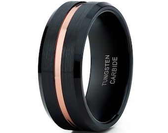 Black Women's Tungsten Ring,Men's Wedding Band,Rose Gold Groove,Tungsten Carbide,Comfort Fit Rings,Engagement Band,Unique Style Band,8mm,6mm