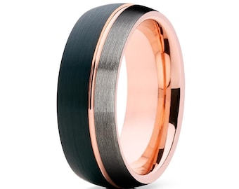 Rose Gold Tungsten Ring, Rose Gold Tungsten Wedding Band, Black Tungsten Ring, Tungsten Carbide, 18k Rose Gold Ring, Gunmetal Tungsten Ring