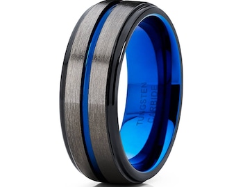 Blue Gunmetal Tungsten Wedding Ring,8mm & 6mm,Step Edges.Blue Center Groove,Tungsten Ring For Men,Tungsten Ring For Women,Comfort Fit Band