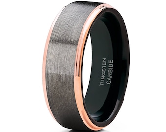 Rose Gold Tungsten Ring, Gunmetal Tungsten Wedding Band, Gunmetal Tungsten Ring, Rose Gold Tungsten Band, 18k Rose Gold, Black Ring