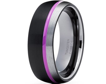 Aliança feminina roxa, anel de tungstênio preto, aliança de aniversário, anel de 8 mm, aliança de 6 mm, noivado, ajuste confortável, anel de tungstênio exclusivo, aliança abaulada.