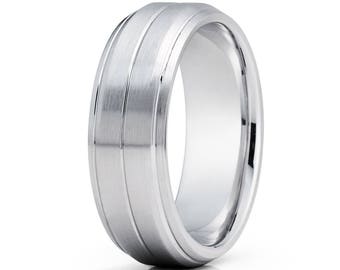 Men’s 14K White Gold Wedding Band, Brushed Finish Pipe Design Ring with Beveled Edges & Center Groove, Comfort Fit Anniversary Band