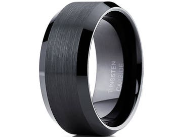 May include: A black tungsten carbide ring with a brushed finish and beveled edges. The ring is engraved with "TUNGSTEN CARBIDE".