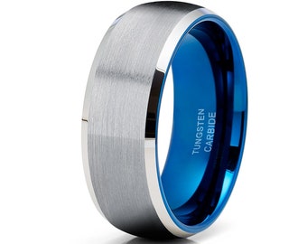Koepel zilveren wolfraam trouwring, zilveren afgeschuinde rand, blauwe wolfraam ring, trouwring heren, trouwring dames, uniek wolfraam, comfortabele pasvorm