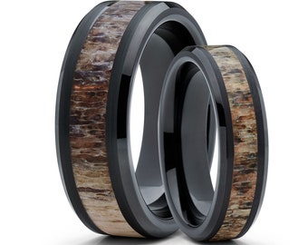 Deer Antler Wedding Band,Matching Wedding Rings,8mm & 6mm,Black Tungsten Ring,Men's Wedding Ring,Women's Wedding Band,Anniversary Ring