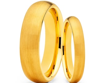 Fedi nuziali abbinate, anelli in tungsteno color oro giallo, anelli per anniversario, uomo e donna, anelli in tungsteno color oro giallo, anello in carburo di tungsteno, 6 mm e 4 mm