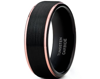Black Tungsten Wedding Ring, 18k Rose Gold Tungsten 8mm, Rose Gold Tungsten Wedding Ring, Anniversary Ring, Engagement Ring, Men&#39;s Ring