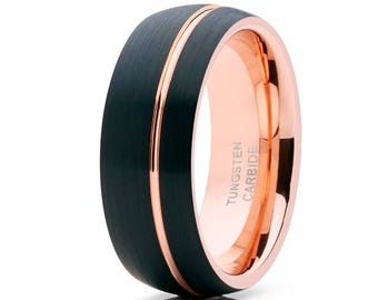 Rose Gold Tungsten Ring, 18k Rose Gold, Rose Gold Tungsten Wedding Band, Anniversary Ring, Men & Women, Black Tungsten Ring, Comfort Fit