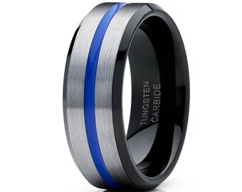Silver Tungsten Wedding Band,8mm & 6mm,Blue Center Groove,Anniversary Ring,Engagement Band,Comfort Fit,Unique Tungsten Band,Beveled Band