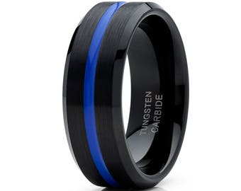 Black Tungsten Wedding Band Anniversary Tungsten Ring Blue - Etsy