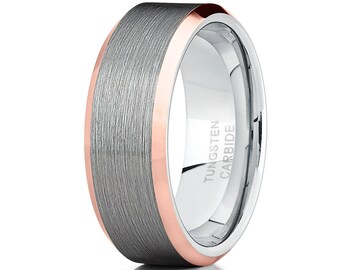 Roséguld volframring, grå volframring, roséguld volframvigselring, herr och kvinnor, unik volframring, bekväm passform, avfasade kanter