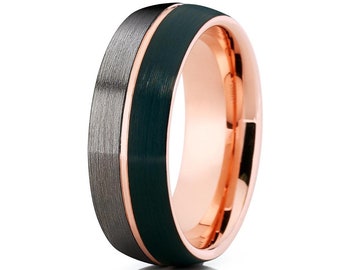 Rose Gold Tungsten Wedding Band, Men Women, Black Tungsten Ring