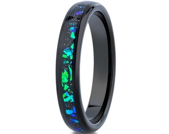 Galaxy Opal Wedding Ring,4mm Wedding Ring,Black Wedding Ring,Tungsten Carbide Ring,Unique Wedding Band,Opal Wedding Ring,Tungsten Ring