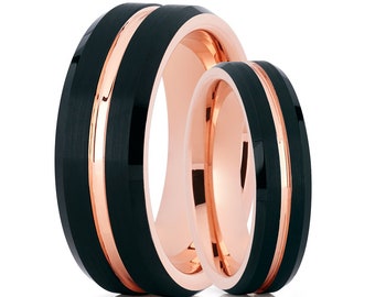 Matching Wedding Bands,Black Tungsten Ring,Rose Gold Center Groove,8mm & 6mm,Tungsten Men's Ring,Tungsten Women's Ring,Comfort Fit,Brush
