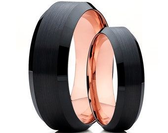 Anillos de boda de tungsteno oro rosa, alianzas de boda de tungsteno negro, anillos de boda a juego, anillos de aniversario, para hombre y mujer, alianzas de boda negras