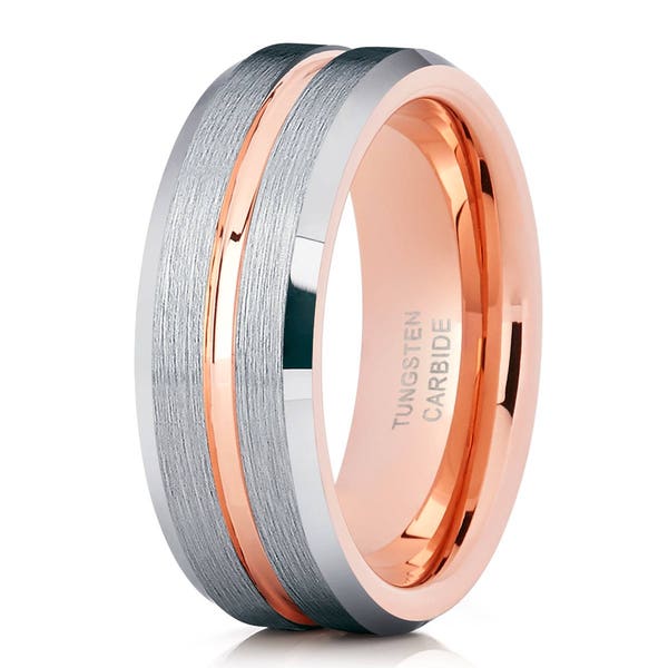 Rose Gold Tungsten Ring Silver, Men's  Rose Gold Tungsten, Tungsten Wedding Band, Anniversary Ring, Engagement Ring, Brush Wedding Ring