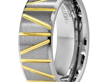Gold Tungsten Wedding Band,8mm Ring,Groove Design Band,Comfort Fit,Men's Wedding Ring,Unique Tungsten Band,His & Hers,Scratch Resistant Ring