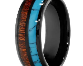 Koa Wood Tungsten Wedding Band,8mm Wedding Ring,Men's Tungsten Ring,Women's Wedding Band, Turquoise Tungsten Ring,Comfort Fit Band,Black