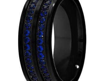 Shiny Black Wedding Band,Blue Sapphire CZ Gems,Men's Wedding Band,Women's Wedding Ring,Anniversary & Engagement,Comfort Fit Band,Unique